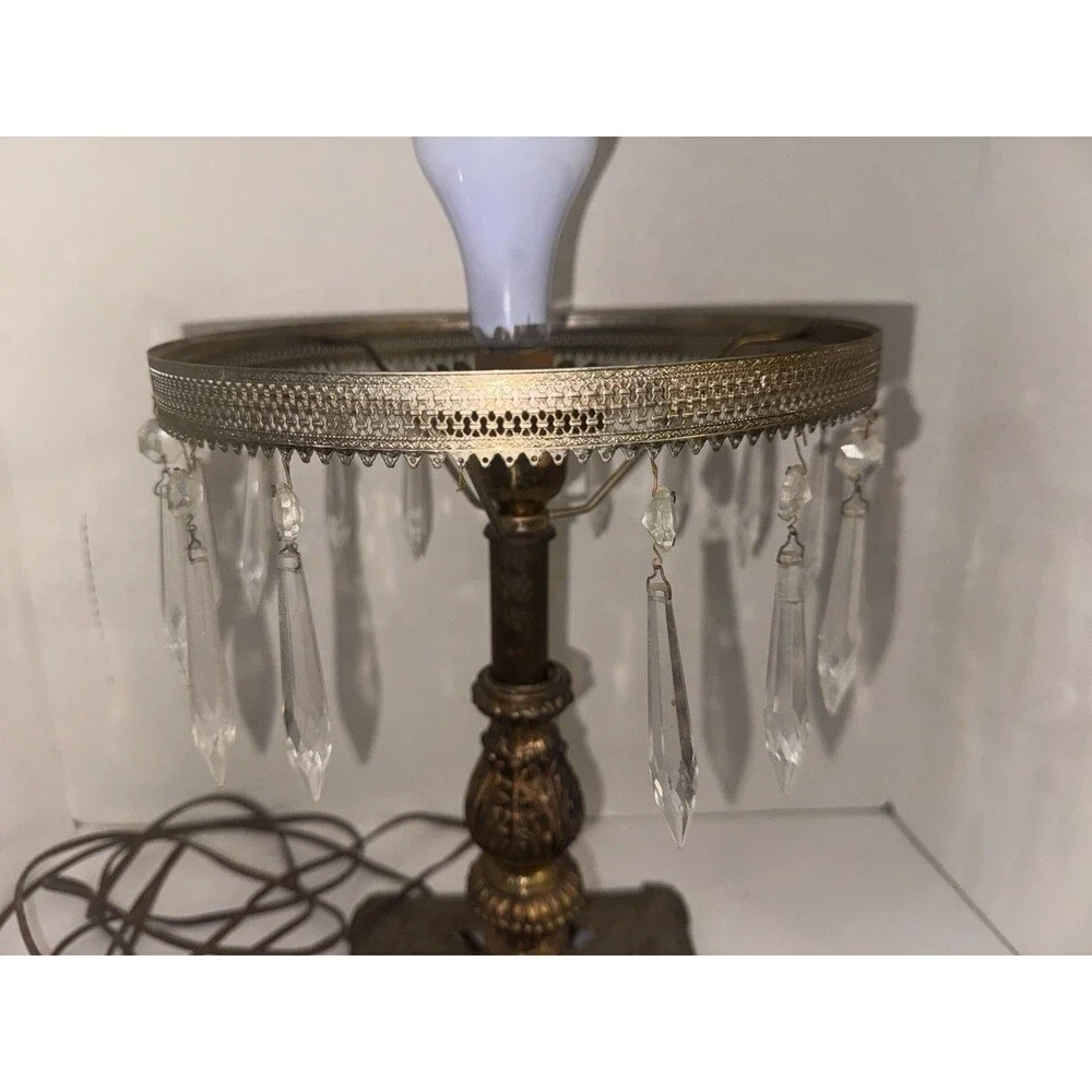 Vintage Art Deco Crystal Prisms Boudoir Table Lamp Cast Iron Bronze Tone 20s 30s
